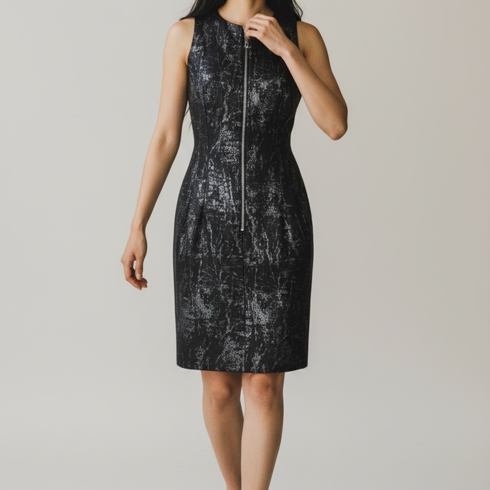 Michael Kors Silver Metallic Snake Zip-Front Sheath Black Dress Size 8 Corporate